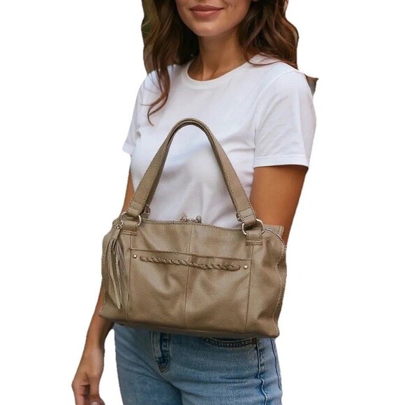Hobo Intl. Leather Shoulder Bag Soft Slouchy Double Strap & Zip Up Tassel Taupe - Picture 2 of 16